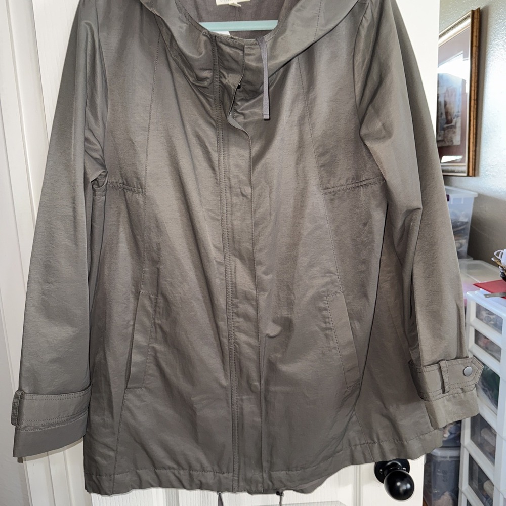 Eileen Fisher Anorak Collar Hidden Hood Zip Snap Cotton Blend‎ Coat Brown 4893